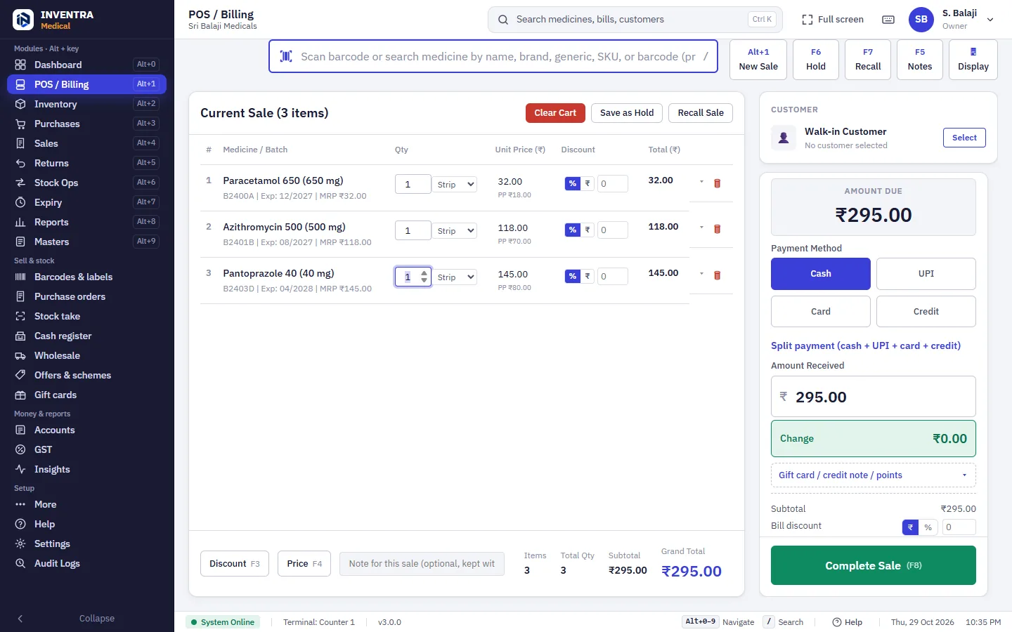 INVENTRA Medical — Billing by strip, with batch and expiry