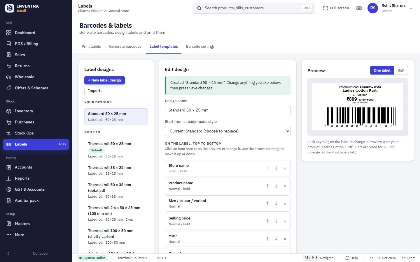 INVENTRA Retail — Barcode label designer